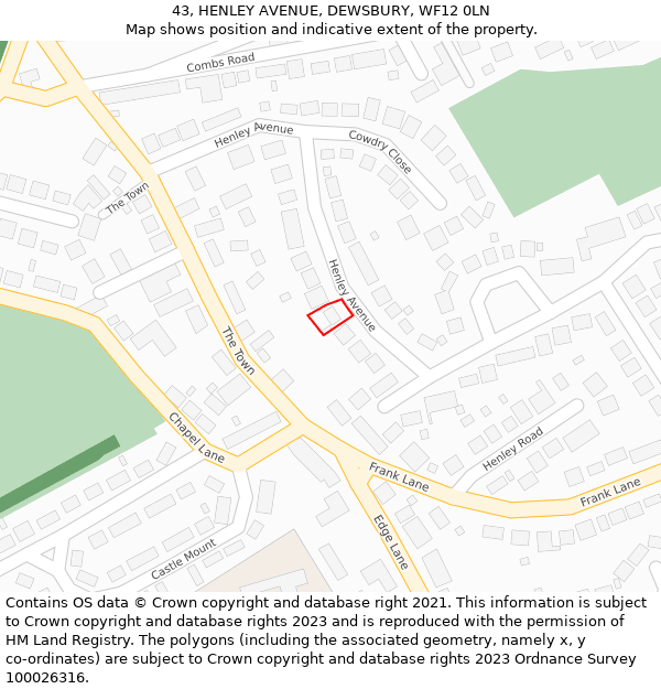 43, HENLEY AVENUE, DEWSBURY, WF12 0LN: Location map and indicative extent of plot