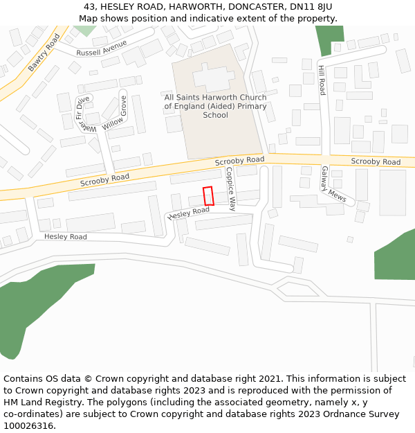 43, HESLEY ROAD, HARWORTH, DONCASTER, DN11 8JU: Location map and indicative extent of plot