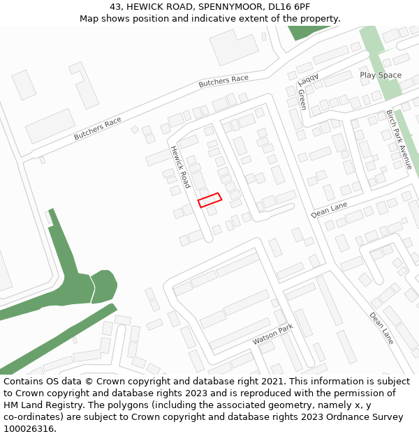 43, HEWICK ROAD, SPENNYMOOR, DL16 6PF: Location map and indicative extent of plot