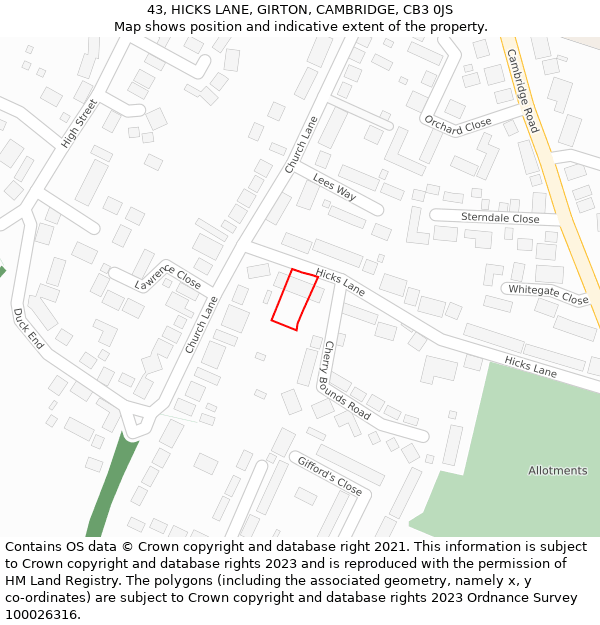 43, HICKS LANE, GIRTON, CAMBRIDGE, CB3 0JS: Location map and indicative extent of plot
