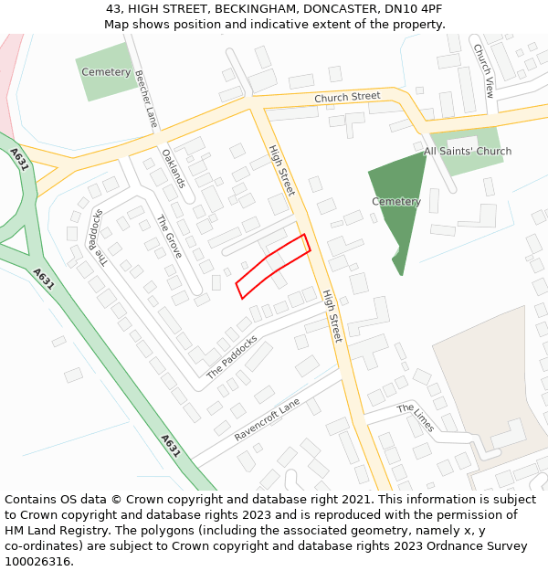 43, HIGH STREET, BECKINGHAM, DONCASTER, DN10 4PF: Location map and indicative extent of plot