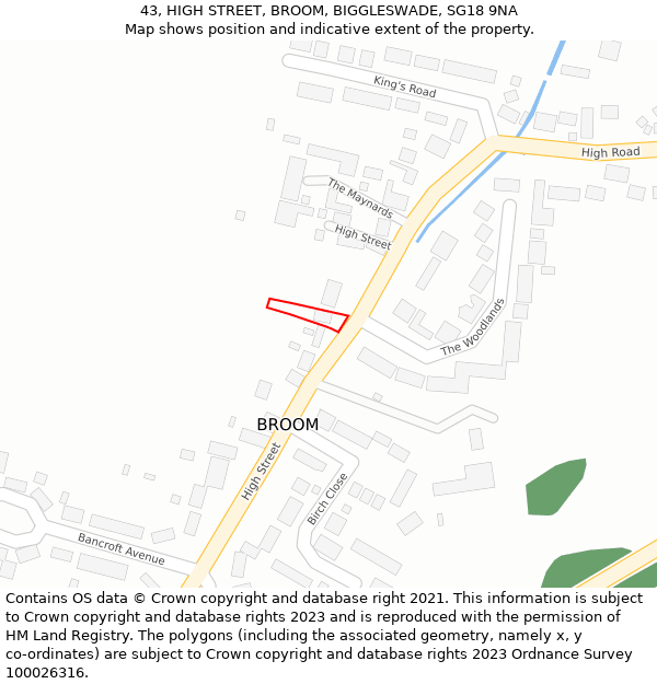 43, HIGH STREET, BROOM, BIGGLESWADE, SG18 9NA: Location map and indicative extent of plot