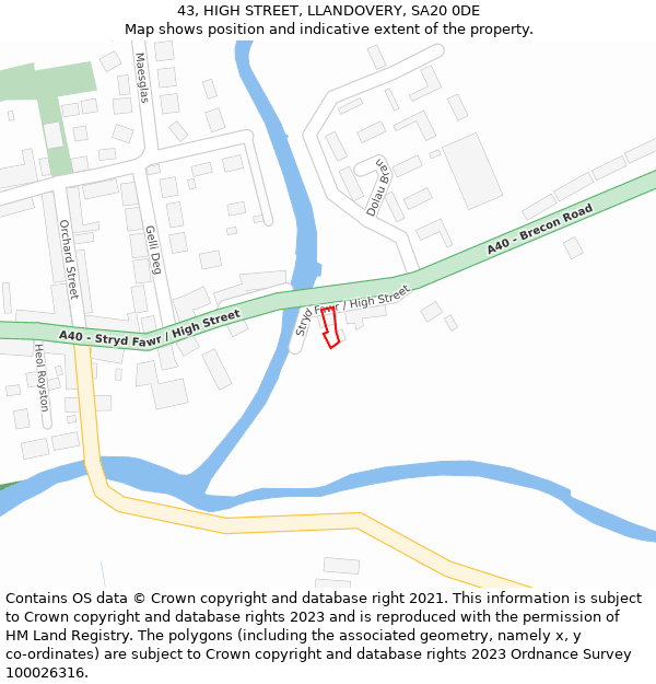 43, HIGH STREET, LLANDOVERY, SA20 0DE: Location map and indicative extent of plot