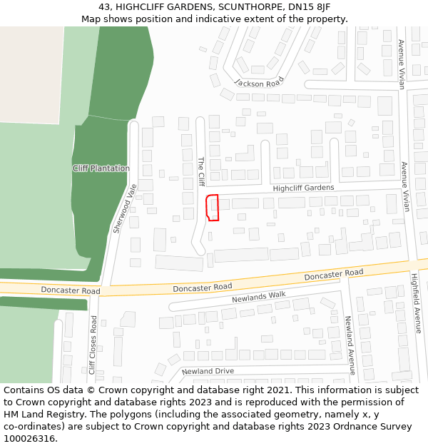 43, HIGHCLIFF GARDENS, SCUNTHORPE, DN15 8JF: Location map and indicative extent of plot