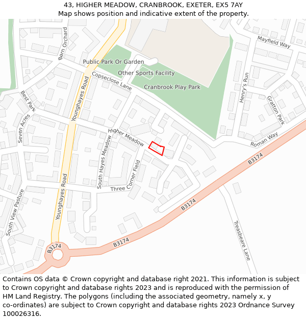 43, HIGHER MEADOW, CRANBROOK, EXETER, EX5 7AY: Location map and indicative extent of plot