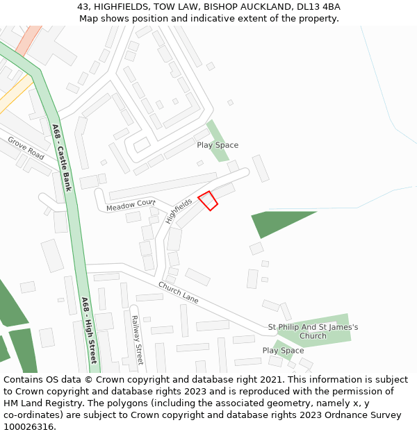 43, HIGHFIELDS, TOW LAW, BISHOP AUCKLAND, DL13 4BA: Location map and indicative extent of plot