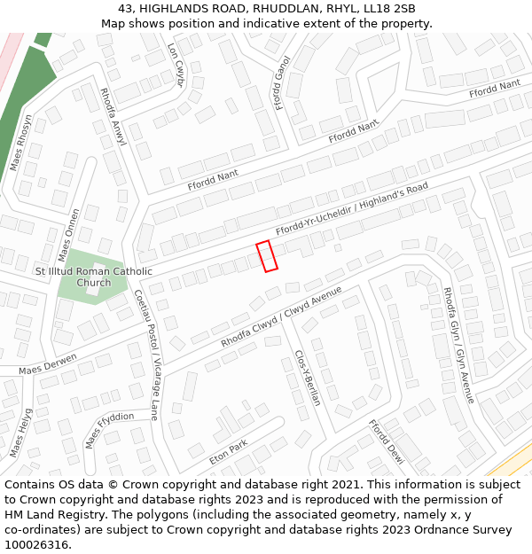 43, HIGHLANDS ROAD, RHUDDLAN, RHYL, LL18 2SB: Location map and indicative extent of plot