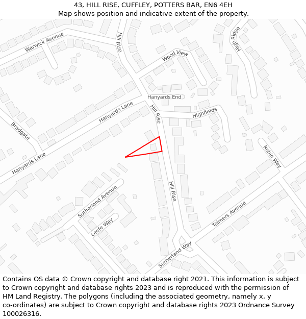 43, HILL RISE, CUFFLEY, POTTERS BAR, EN6 4EH: Location map and indicative extent of plot