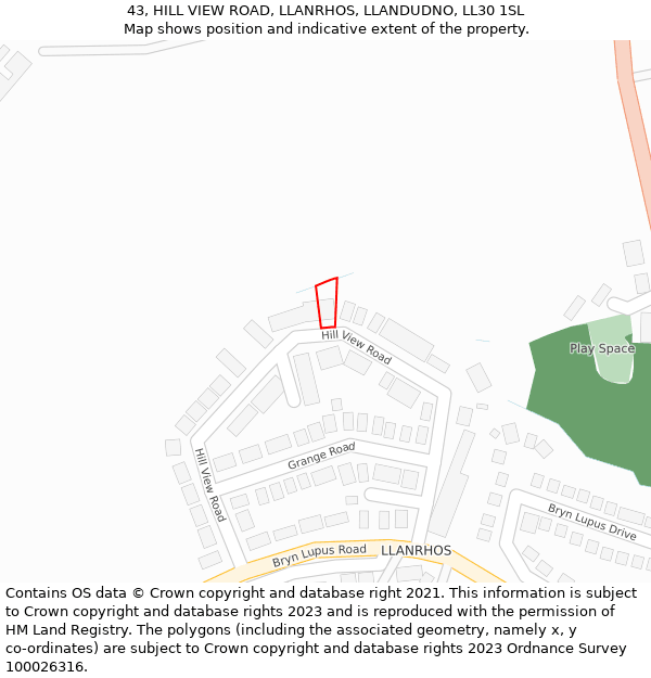 43, HILL VIEW ROAD, LLANRHOS, LLANDUDNO, LL30 1SL: Location map and indicative extent of plot