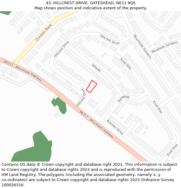 43, HILLCREST DRIVE, GATESHEAD, NE11 9QS: Location map and indicative extent of plot
