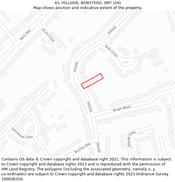 43, HILLSIDE, BANSTEAD, SM7 1HG: Location map and indicative extent of plot