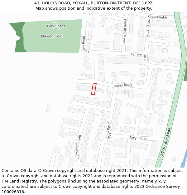 43, HOLLYS ROAD, YOXALL, BURTON-ON-TRENT, DE13 8PZ: Location map and indicative extent of plot