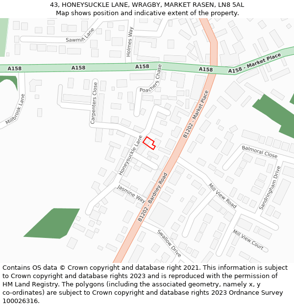 43, HONEYSUCKLE LANE, WRAGBY, MARKET RASEN, LN8 5AL: Location map and indicative extent of plot