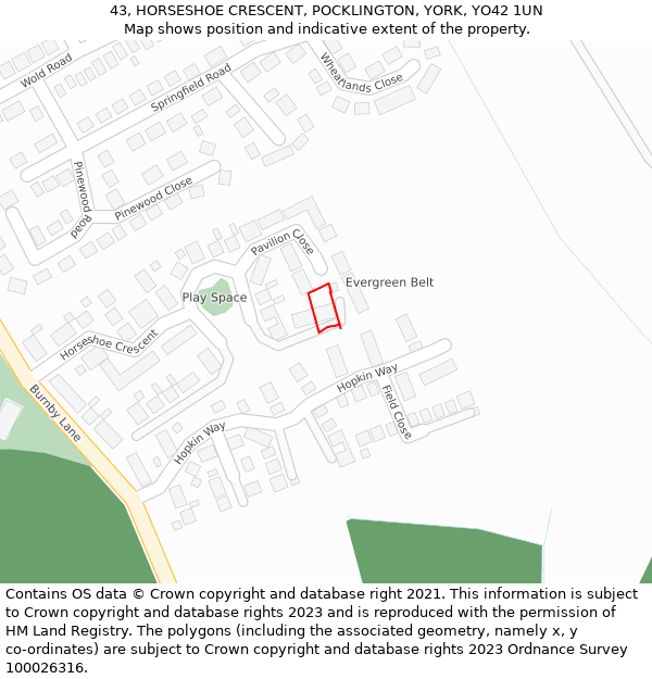 43, HORSESHOE CRESCENT, POCKLINGTON, YORK, YO42 1UN: Location map and indicative extent of plot