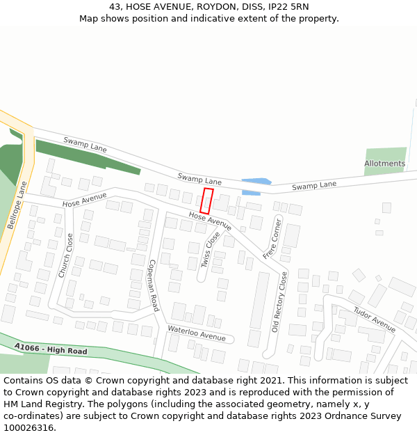43, HOSE AVENUE, ROYDON, DISS, IP22 5RN: Location map and indicative extent of plot