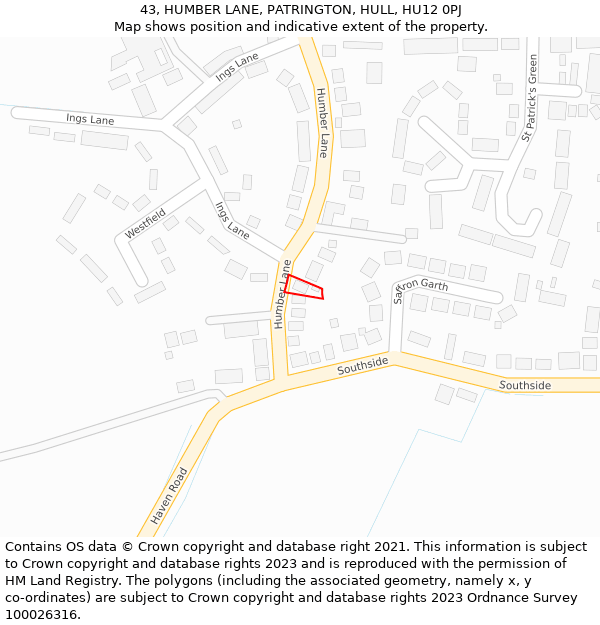 43, HUMBER LANE, PATRINGTON, HULL, HU12 0PJ: Location map and indicative extent of plot