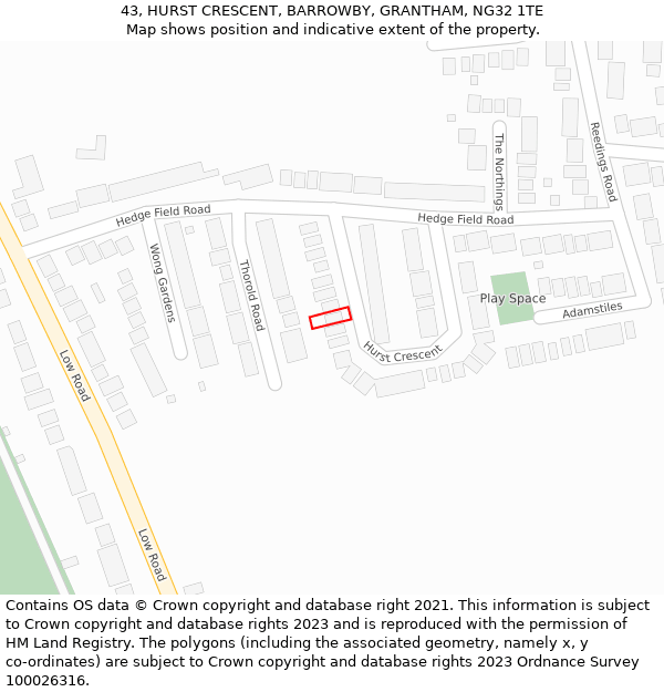 43, HURST CRESCENT, BARROWBY, GRANTHAM, NG32 1TE: Location map and indicative extent of plot