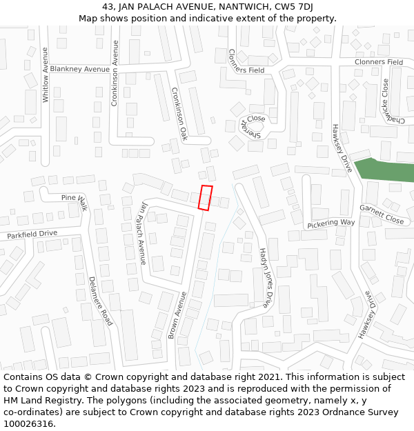 43, JAN PALACH AVENUE, NANTWICH, CW5 7DJ: Location map and indicative extent of plot