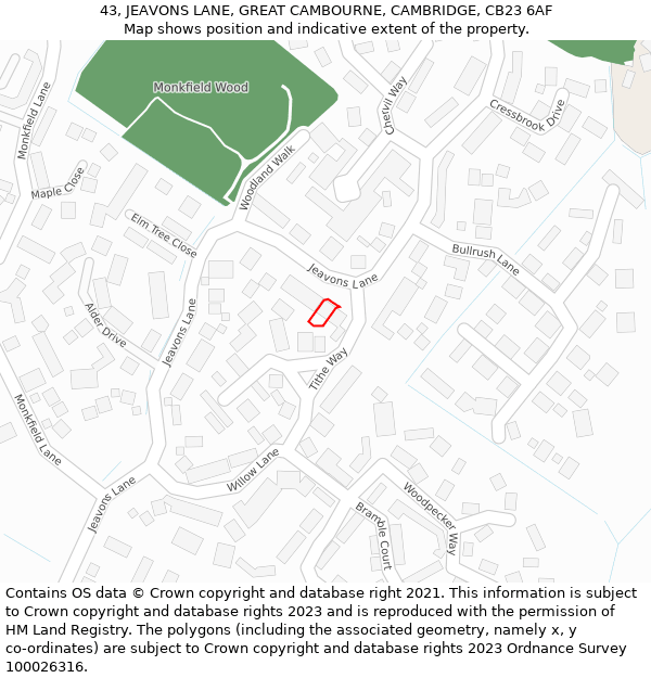 43, JEAVONS LANE, GREAT CAMBOURNE, CAMBRIDGE, CB23 6AF: Location map and indicative extent of plot