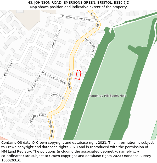 43, JOHNSON ROAD, EMERSONS GREEN, BRISTOL, BS16 7JD: Location map and indicative extent of plot