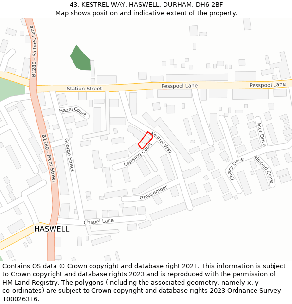 43, KESTREL WAY, HASWELL, DURHAM, DH6 2BF: Location map and indicative extent of plot