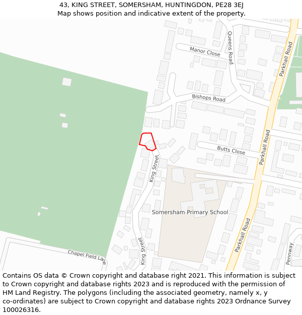 43, KING STREET, SOMERSHAM, HUNTINGDON, PE28 3EJ: Location map and indicative extent of plot