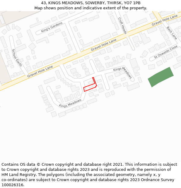 43, KINGS MEADOWS, SOWERBY, THIRSK, YO7 1PB: Location map and indicative extent of plot