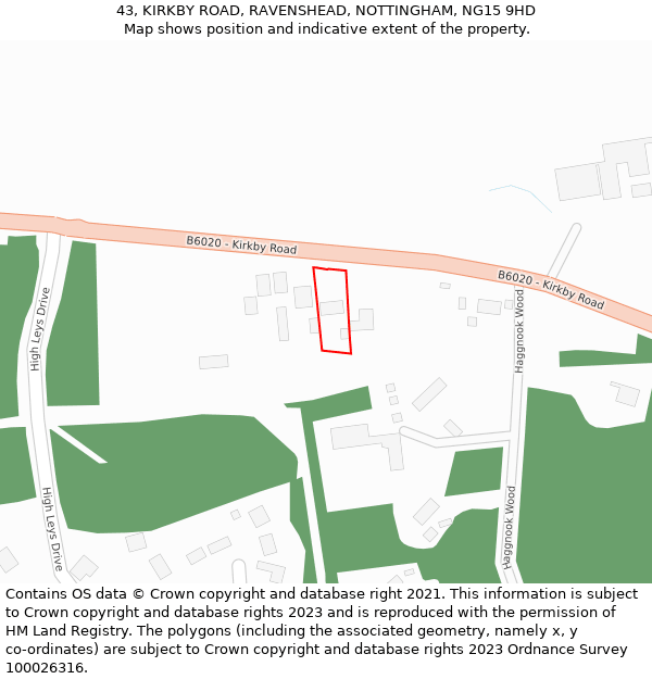 43, KIRKBY ROAD, RAVENSHEAD, NOTTINGHAM, NG15 9HD: Location map and indicative extent of plot