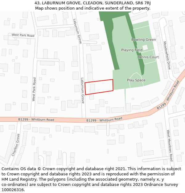 43, LABURNUM GROVE, CLEADON, SUNDERLAND, SR6 7RJ: Location map and indicative extent of plot