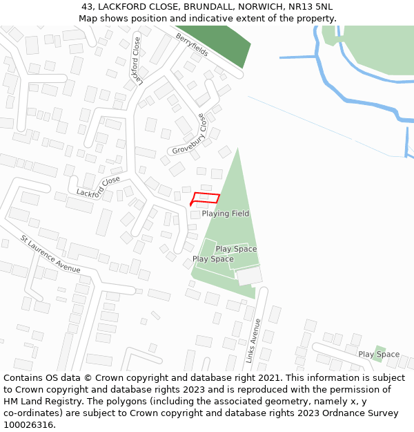 43, LACKFORD CLOSE, BRUNDALL, NORWICH, NR13 5NL: Location map and indicative extent of plot