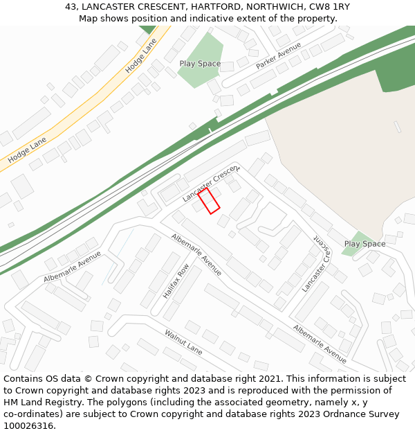 43, LANCASTER CRESCENT, HARTFORD, NORTHWICH, CW8 1RY: Location map and indicative extent of plot