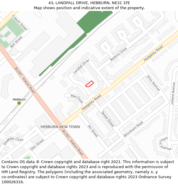 43, LANDFALL DRIVE, HEBBURN, NE31 1FE: Location map and indicative extent of plot