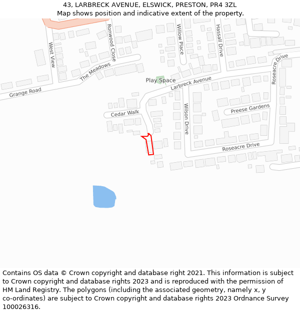 43, LARBRECK AVENUE, ELSWICK, PRESTON, PR4 3ZL: Location map and indicative extent of plot