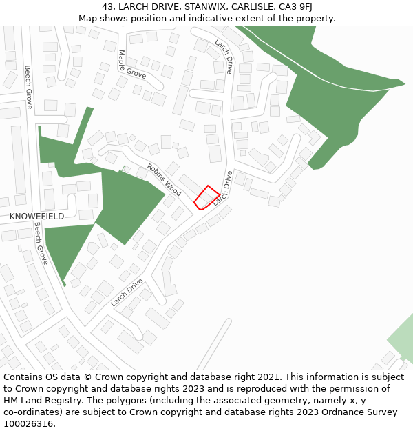 43, LARCH DRIVE, STANWIX, CARLISLE, CA3 9FJ: Location map and indicative extent of plot