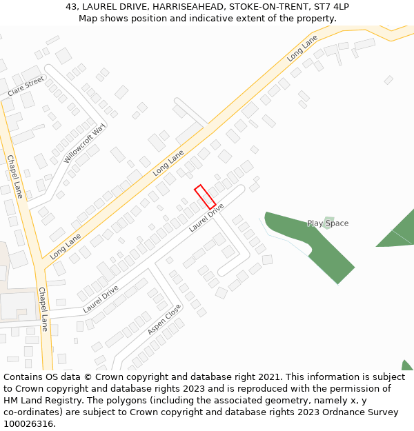 43, LAUREL DRIVE, HARRISEAHEAD, STOKE-ON-TRENT, ST7 4LP: Location map and indicative extent of plot