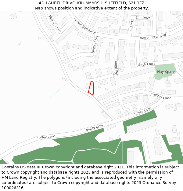 43, LAUREL DRIVE, KILLAMARSH, SHEFFIELD, S21 1FZ: Location map and indicative extent of plot