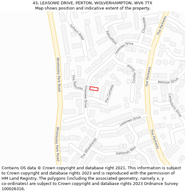 43, LEASOWE DRIVE, PERTON, WOLVERHAMPTON, WV6 7TX: Location map and indicative extent of plot