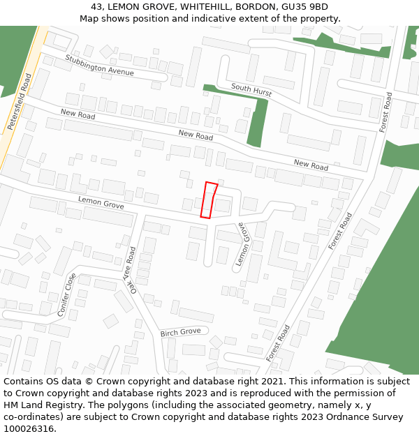 43, LEMON GROVE, WHITEHILL, BORDON, GU35 9BD: Location map and indicative extent of plot