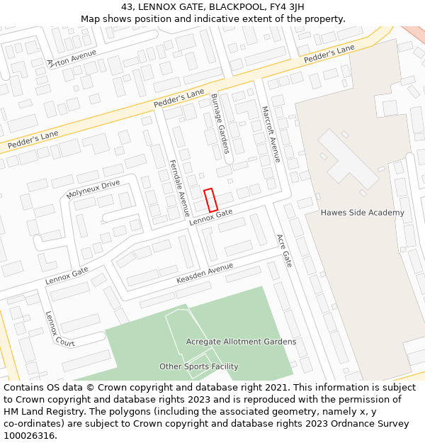 43, LENNOX GATE, BLACKPOOL, FY4 3JH: Location map and indicative extent of plot