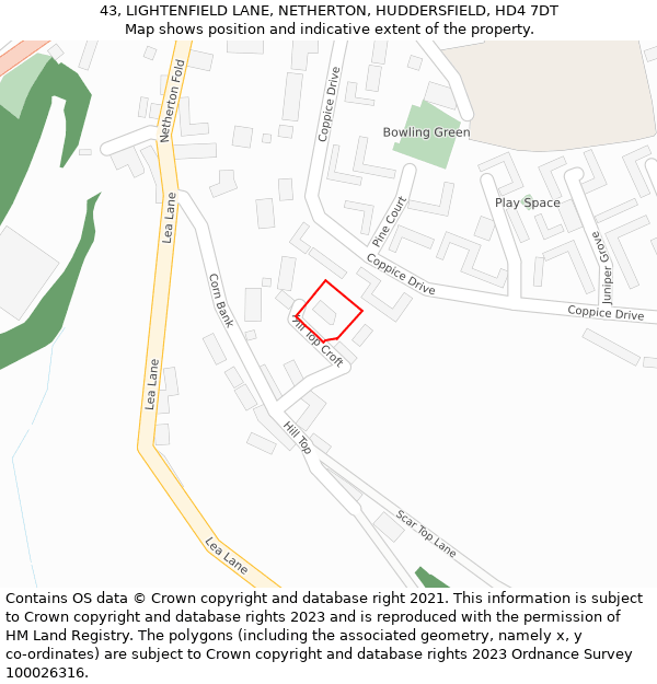 43, LIGHTENFIELD LANE, NETHERTON, HUDDERSFIELD, HD4 7DT: Location map and indicative extent of plot