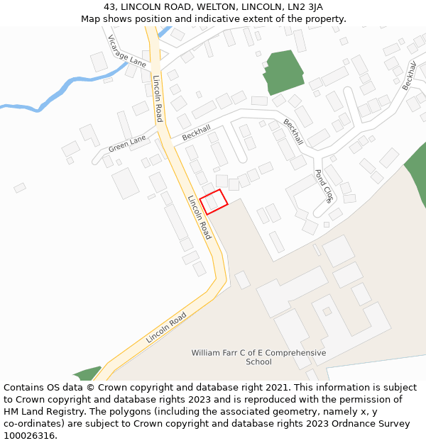 43, LINCOLN ROAD, WELTON, LINCOLN, LN2 3JA: Location map and indicative extent of plot