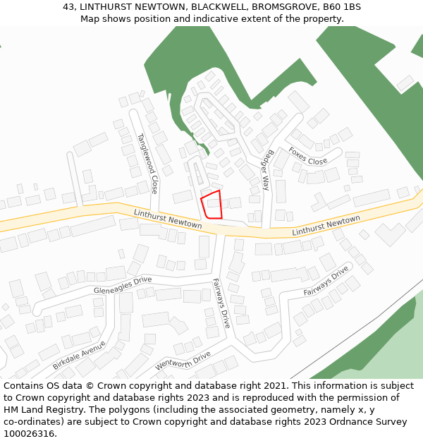 43, LINTHURST NEWTOWN, BLACKWELL, BROMSGROVE, B60 1BS: Location map and indicative extent of plot