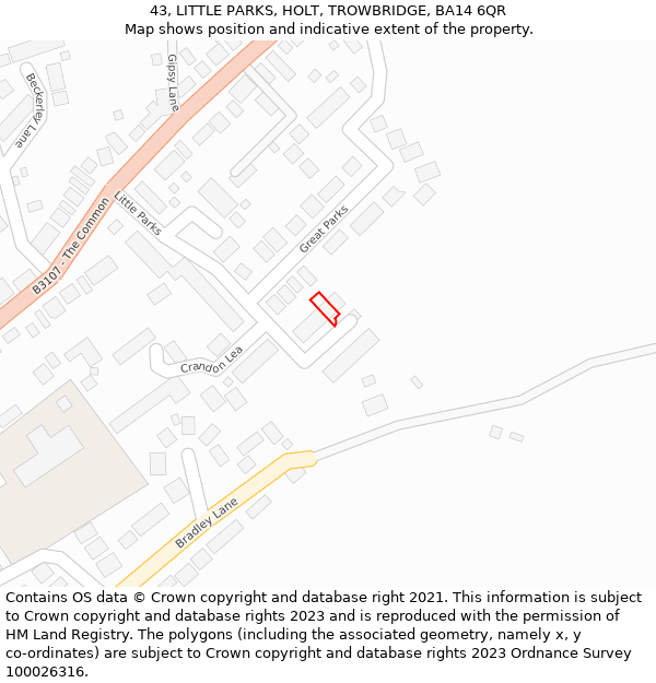 43, LITTLE PARKS, HOLT, TROWBRIDGE, BA14 6QR: Location map and indicative extent of plot