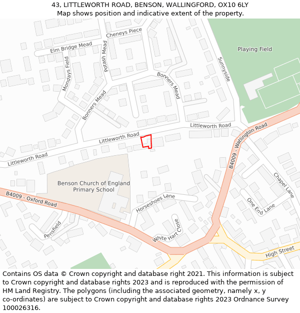 43, LITTLEWORTH ROAD, BENSON, WALLINGFORD, OX10 6LY: Location map and indicative extent of plot