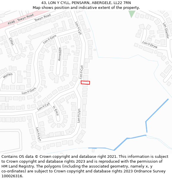 43, LON Y CYLL, PENSARN, ABERGELE, LL22 7RN: Location map and indicative extent of plot