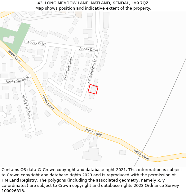 43, LONG MEADOW LANE, NATLAND, KENDAL, LA9 7QZ: Location map and indicative extent of plot