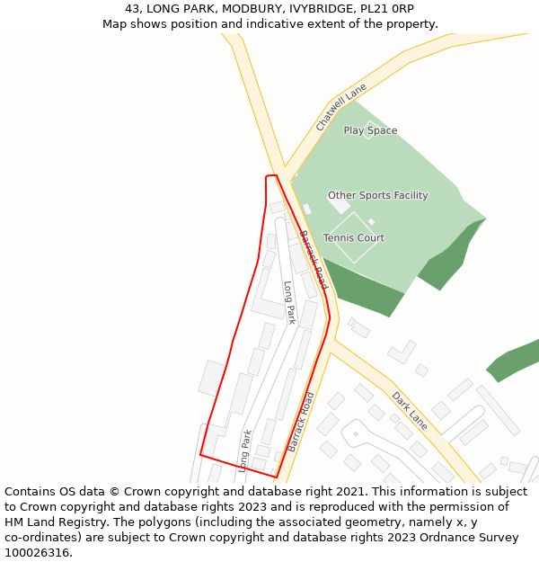 43, LONG PARK, MODBURY, IVYBRIDGE, PL21 0RP: Location map and indicative extent of plot