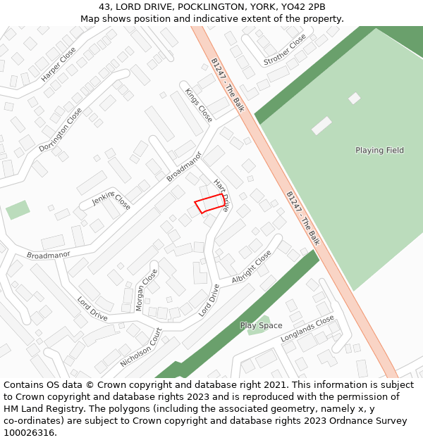 43, LORD DRIVE, POCKLINGTON, YORK, YO42 2PB: Location map and indicative extent of plot