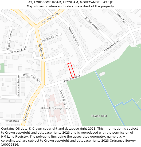 43, LORDSOME ROAD, HEYSHAM, MORECAMBE, LA3 1JE: Location map and indicative extent of plot