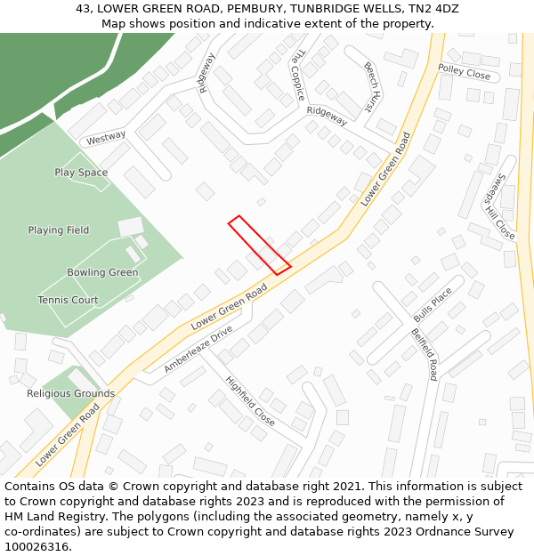 43, LOWER GREEN ROAD, PEMBURY, TUNBRIDGE WELLS, TN2 4DZ: Location map and indicative extent of plot